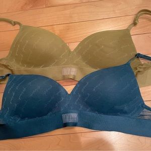 TWO Victoria’s Secret VS PINK BRAS 34B Teal & Olive Green Bra Pair EUC